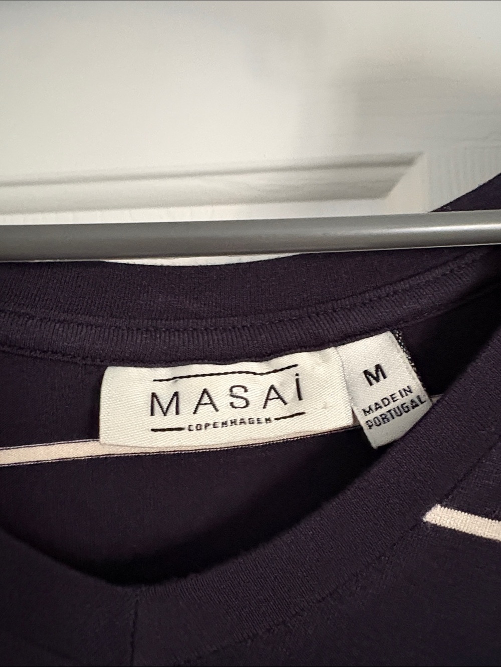 Navy Blue and White Striped V-Neck Midi Dress by Masai - Picture 2 of 4
